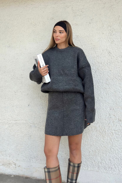 Füme Bisiklet Yaka Oversize Kazak-Mini Etek Kadın Triko Alt Üst Takım - 3