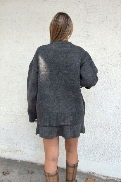 Füme Bisiklet Yaka Oversize Kazak-Mini Etek Kadın Triko Alt Üst Takım - 5