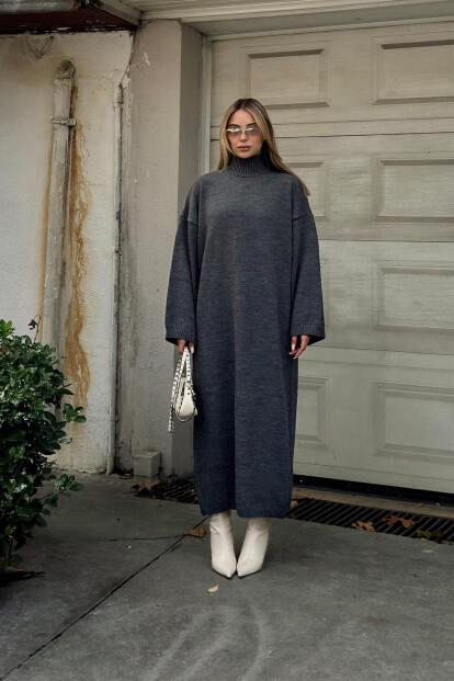 Füme Daly Yarım Balıkçı Oversize Kadın Triko Midi Elbise - 2