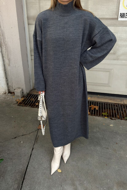 Füme Daly Yarım Balıkçı Oversize Kadın Triko Midi Elbise - 4