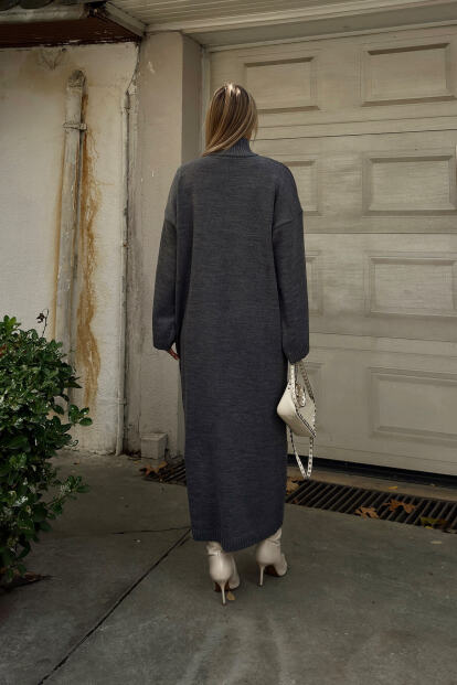 Füme Daly Yarım Balıkçı Oversize Kadın Triko Midi Elbise - 5