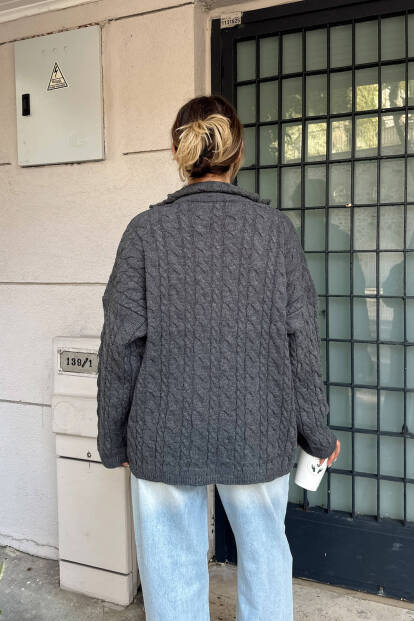 Füme Fermuarlı Dik Yaka Kalın Saç Örgü Oversize Kadın Triko Kazak - 5