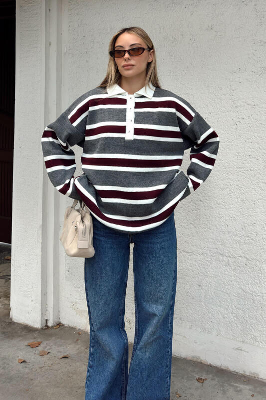 Füme Polo Yaka Kalın Çizgili Kadın Triko Kazak - SWİST (1)