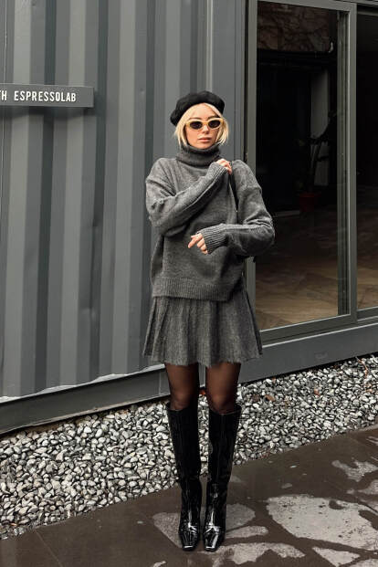 Füme Raina Balıkçı Yaka Kazak-Pilise Etekli Kadın Triko Alt Üst Takım - 2