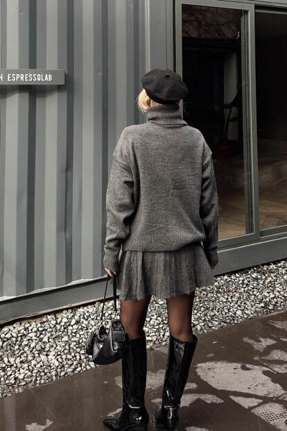 Füme Raina Balıkçı Yaka Kazak-Pilise Etekli Kadın Triko Alt Üst Takım - 5