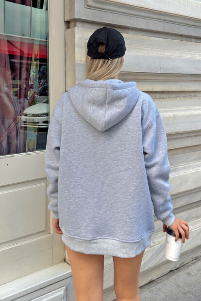 Gri Fermuarlı Oversize Kapüşonlu İçi Polarlı Kadın Sweatshirt - 5