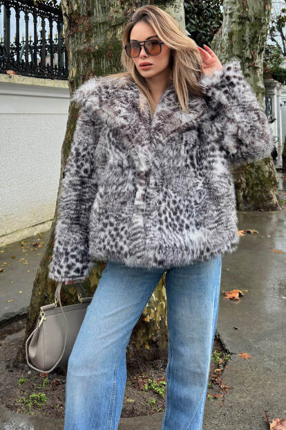 Gri Leopar Desen Kruvaze Yaka Kadın Peluş Kürk - 1