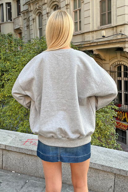 Gri Oxfrt Baskılı İçi Pamuklu Kadın Sweatshirt - 5
