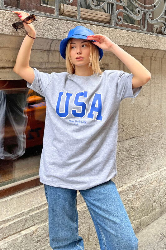 Gri USA Baskılı Oversize Kadın Tshirt - SWİST (1)