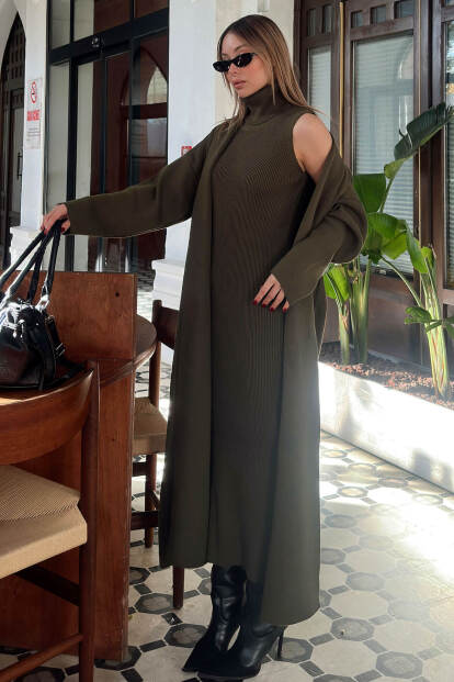 Haki Balıkçı Yaka Sıfır Kol Midi Elbise-Hırka Kadın Triko Takım - 1