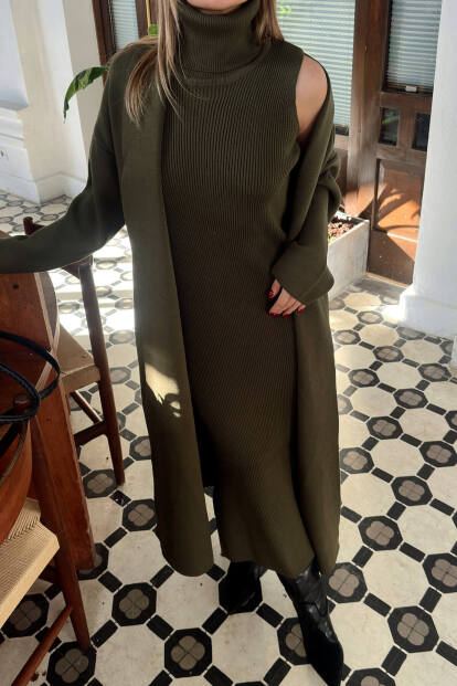 Haki Balıkçı Yaka Sıfır Kol Midi Elbise-Hırka Kadın Triko Takım - 4