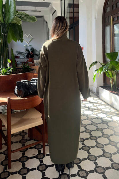 Haki Balıkçı Yaka Sıfır Kol Midi Elbise-Hırka Kadın Triko Takım - 5