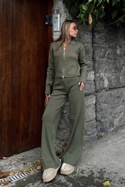 Haki Cara Polo Yaka Çift Yönlü Fermuarlı Crop-Pantolon Kadın Triko Alt Üst Takım - 3
