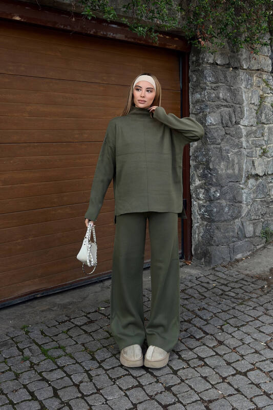 Haki Dik Yaka Arkası Uzun Kazak-Pantolon Kadın Triko Alt Üst Takım - SWİST (1)