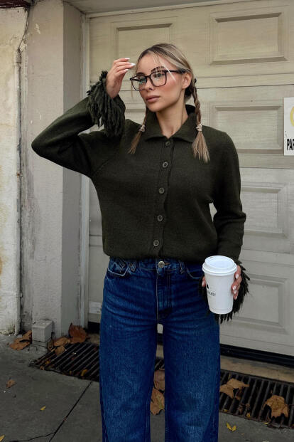 Haki Kol Ucu Püskül Detay Polo Yaka Kadın Triko Hırka - 2