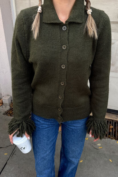 Haki Kol Ucu Püskül Detay Polo Yaka Kadın Triko Hırka - 4