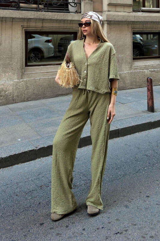 Haki Polo Yaka Crop Pantolon Kadın Bürümcük Alt Üst Takım - SWİST (1)