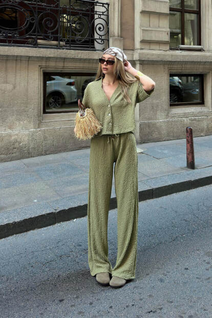 Haki Polo Yaka Crop Pantolon Kadın Bürümcük Alt Üst Takım - 3