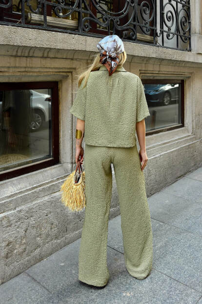 Haki Polo Yaka Crop Pantolon Kadın Bürümcük Alt Üst Takım - 5