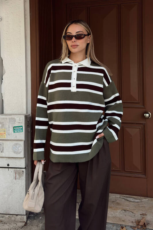 Haki Polo Yaka Kalın Çizgili Kadın Triko Kazak - SWİST (1)