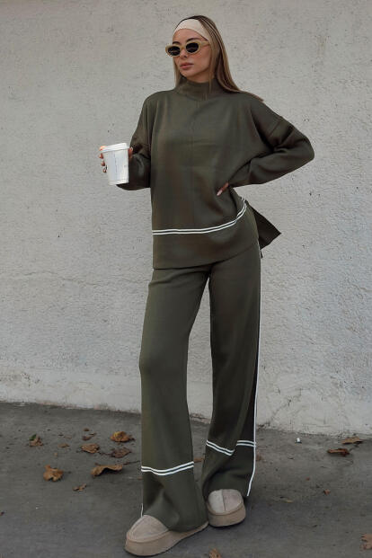 Haki Step Şerit Detaylı Dik Yaka Arkası Uzun Kazak-Pantolon Kadın Triko Alt Üst Takım - 1