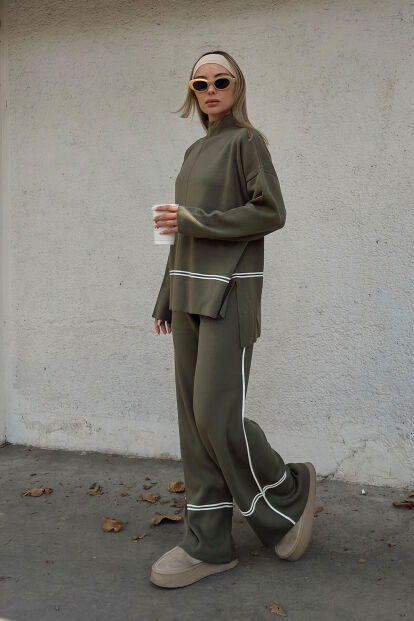 Haki Step Şerit Detaylı Dik Yaka Arkası Uzun Kazak-Pantolon Kadın Triko Alt Üst Takım - 3