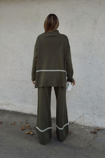 Haki Step Şerit Detaylı Dik Yaka Arkası Uzun Kazak-Pantolon Kadın Triko Alt Üst Takım - 5
