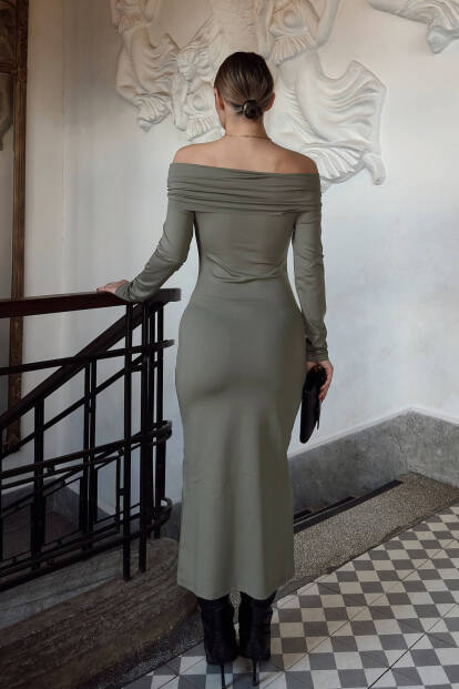 Haki Toka Detaylı Madonna Yaka Uzun Kollu Kadın Sandy Midi Elbise - 5