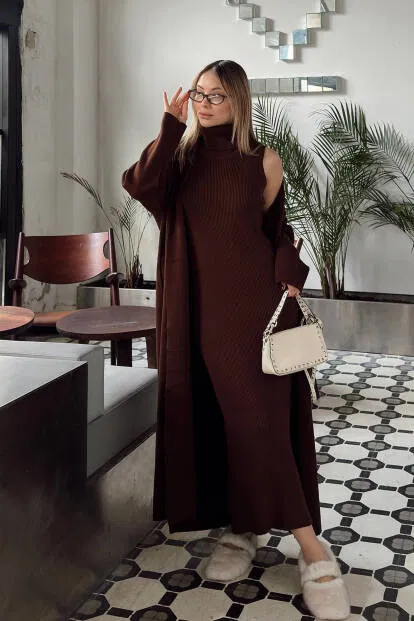 Kahverengi Balıkçı Yaka Sıfır Kol Midi Elbise-Hırka Kadın Triko Takım - 3