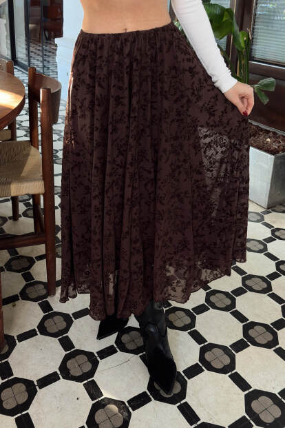 Kahverengi Beli Lastikli Astarlı Flok Baskılı Asimetrik Kadın Midi Etek - 4