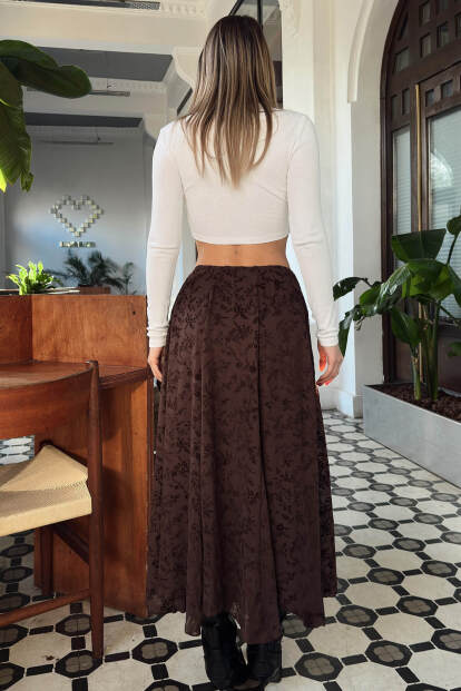 Kahverengi Beli Lastikli Astarlı Flok Baskılı Asimetrik Kadın Midi Etek - 5