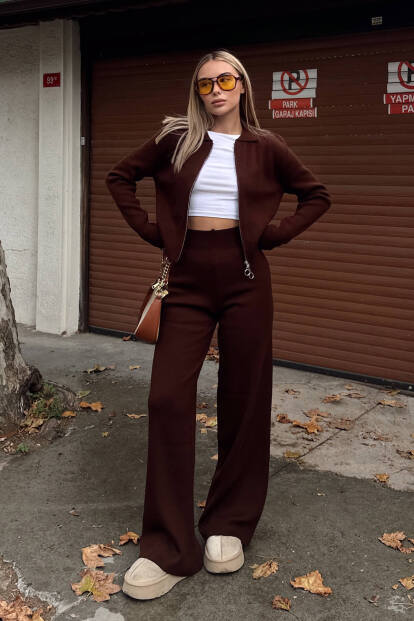 Kahverengi Cara Polo Yaka Çift Yönlü Fermuarlı Crop-Pantolon Kadın Triko Alt Üst Takım - 3