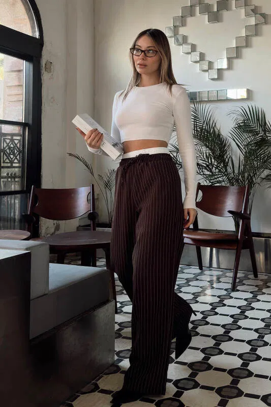 Kahverengi Çizgili Maskülen Bağlamalı Kadın Pantolon - SWİST (1)