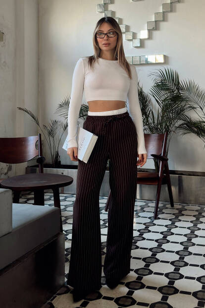 Kahverengi Çizgili Maskülen Bağlamalı Kadın Pantolon - 3