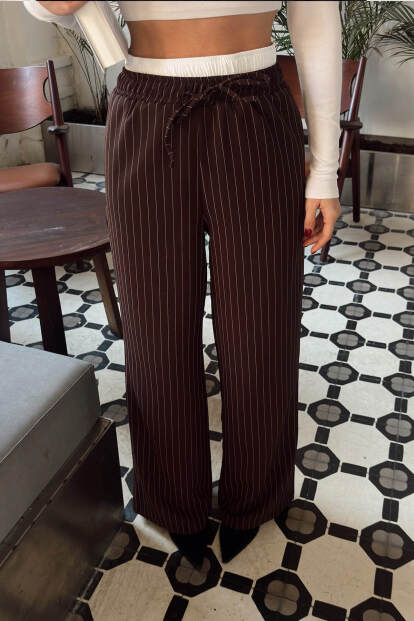 Kahverengi Çizgili Maskülen Bağlamalı Kadın Pantolon - 4