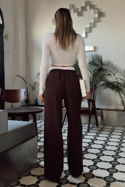 Kahverengi Çizgili Maskülen Bağlamalı Kadın Pantolon - 5