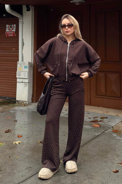 Kahverengi Full Taşlı Kapüşonlu Fermuarlı Hırka Eşofman Altı Kadın Alt Üst Takım - 2