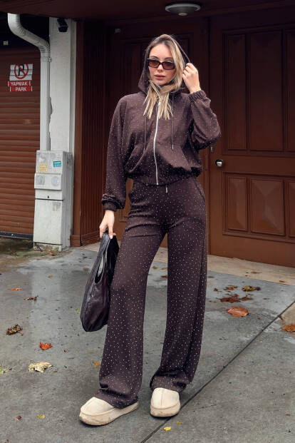 Kahverengi Full Taşlı Kapüşonlu Fermuarlı Hırka Eşofman Altı Kadın Alt Üst Takım - 3