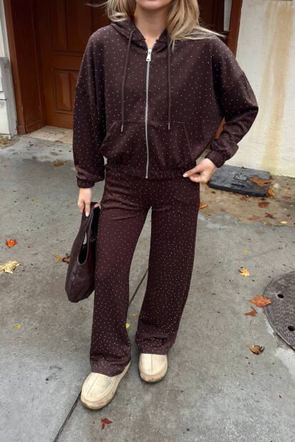 Kahverengi Full Taşlı Kapüşonlu Fermuarlı Hırka Eşofman Altı Kadın Alt Üst Takım - 4