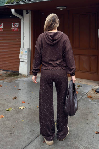 Kahverengi Full Taşlı Kapüşonlu Fermuarlı Hırka Eşofman Altı Kadın Alt Üst Takım - 5