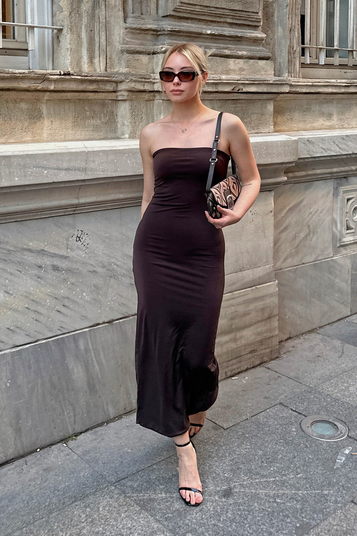 Kahverengi Gigi Straplez Kadın Midi Boy Elbise - 2