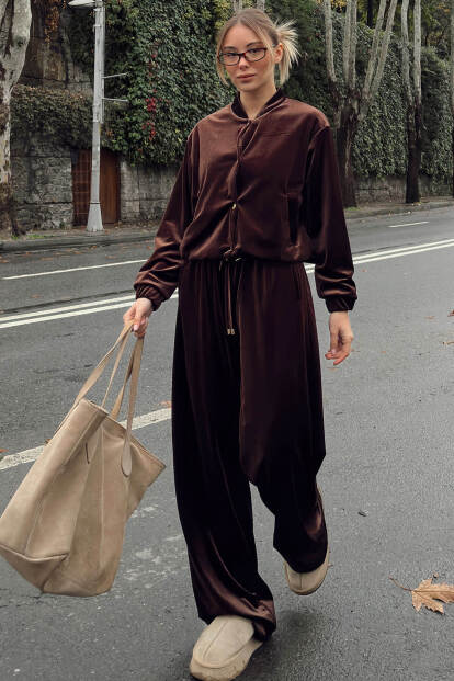 Kahverengi Kadife Gold Çıt Çıt Kapama Hırka Pantolon Kadın Alt Üst Takım - 1