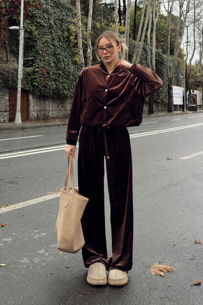 Kahverengi Kadife Gold Çıt Çıt Kapama Hırka Pantolon Kadın Alt Üst Takım - 2