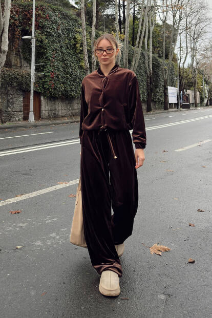 Kahverengi Kadife Gold Çıt Çıt Kapama Hırka Pantolon Kadın Alt Üst Takım - 3