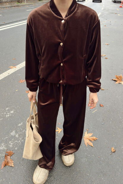 Kahverengi Kadife Gold Çıt Çıt Kapama Hırka Pantolon Kadın Alt Üst Takım - 4