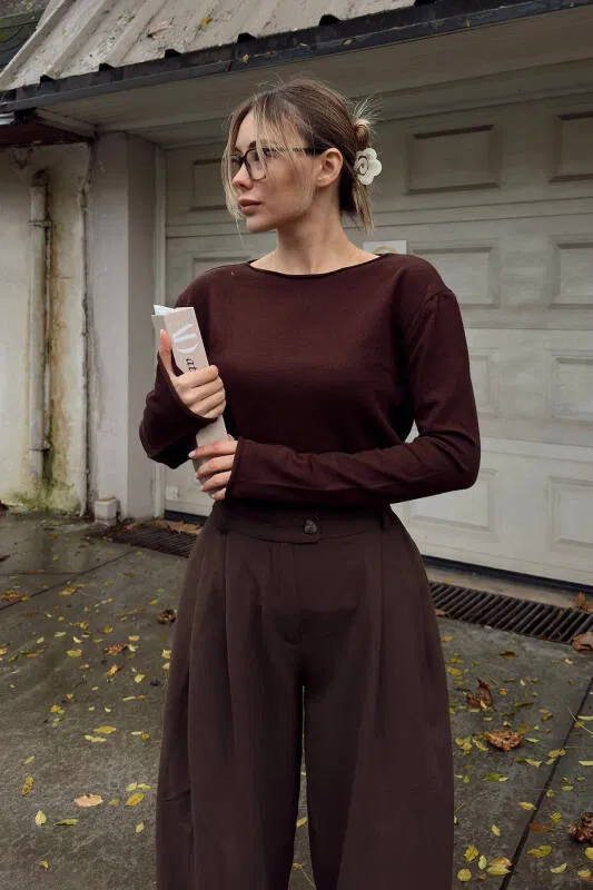 Kahverengi Kayık Yaka Basic Kadın Korsman Triko Bluz - SWİST (1)