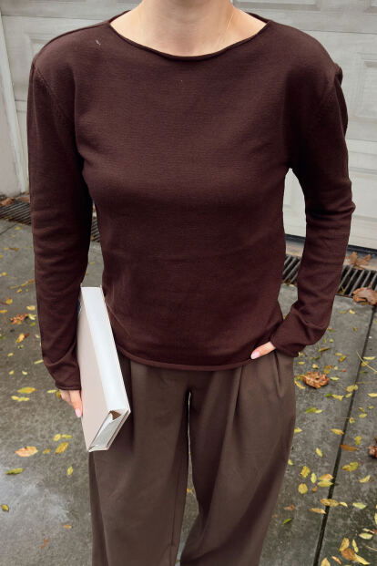 Kahverengi Kayık Yaka Basic Kadın Korsman Triko Bluz - 4