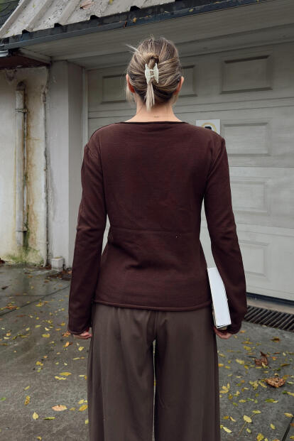 Kahverengi Kayık Yaka Basic Kadın Korsman Triko Bluz - 5