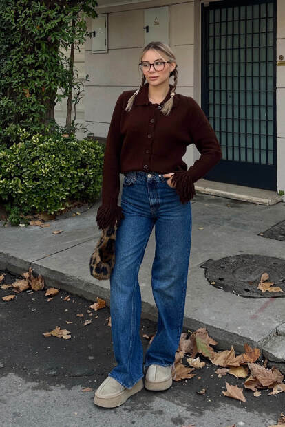 Kahverengi Kol Ucu Püskül Detay Polo Yaka Kadın Triko Hırka - 2