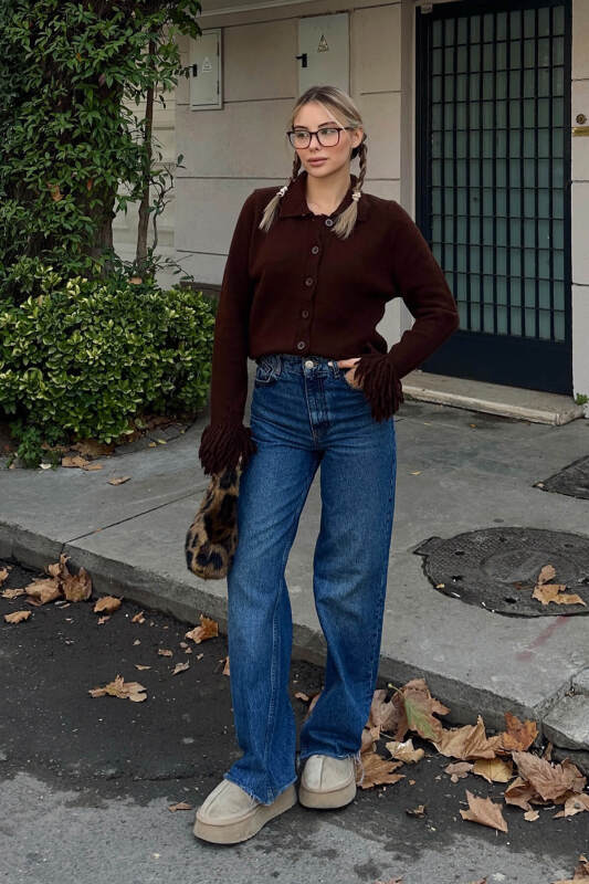 Kahverengi Kol Ucu Püskül Detay Polo Yaka Kadın Triko Hırka - SWİST (1)